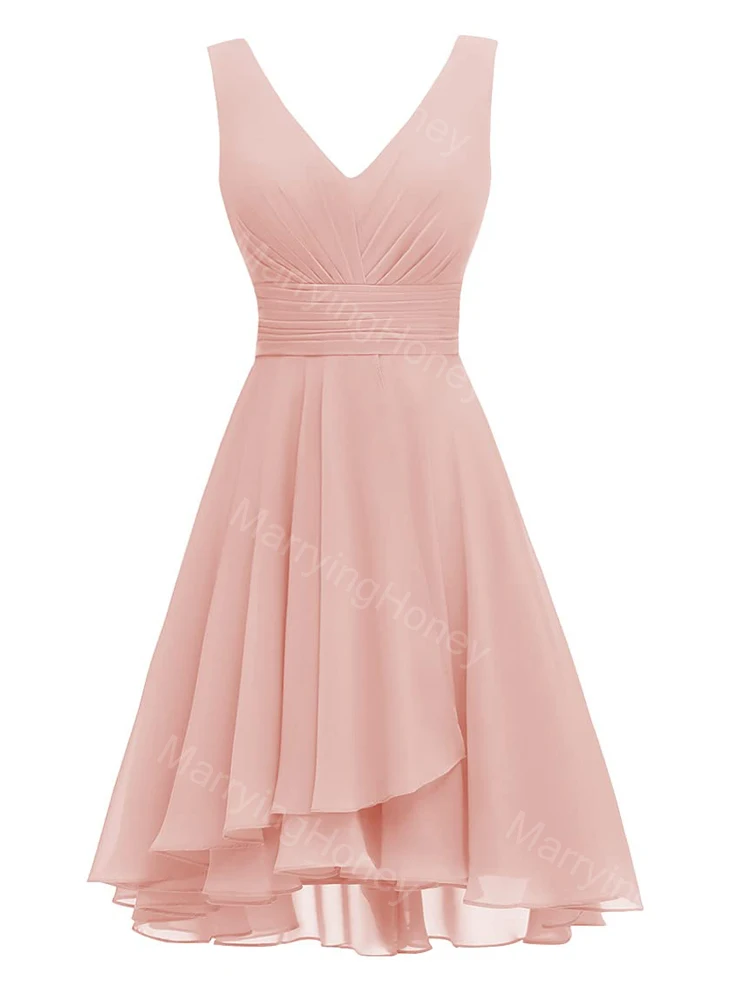 

Women’s Double V Neck Short Bridesmaid Dresses Ruched Chiffon Homecoming Dress Sleeveless Formal Dress for Evening Party