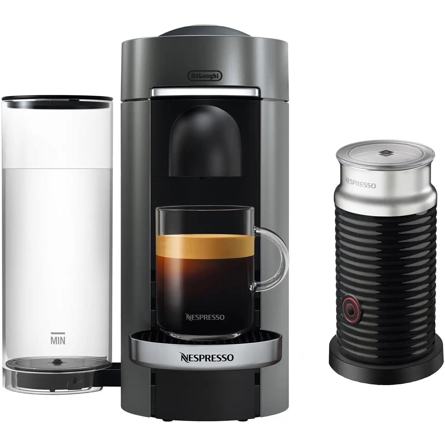 

Nespresso By De'Longhi VertuoPlus Deluxe Coffee & Espresso Single-Serve Machine in Titanium and Aeroccino Milk Frother in Black