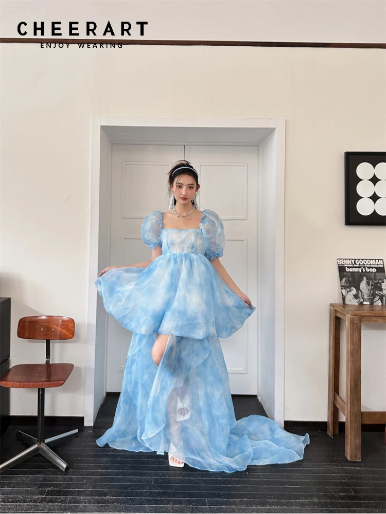 

CHEERART Tie Dye Blue Puff Sleeve Lolita Tulle Wedding Dresses For Woman Summer 2023 Ball Gown Princess Prom Dress