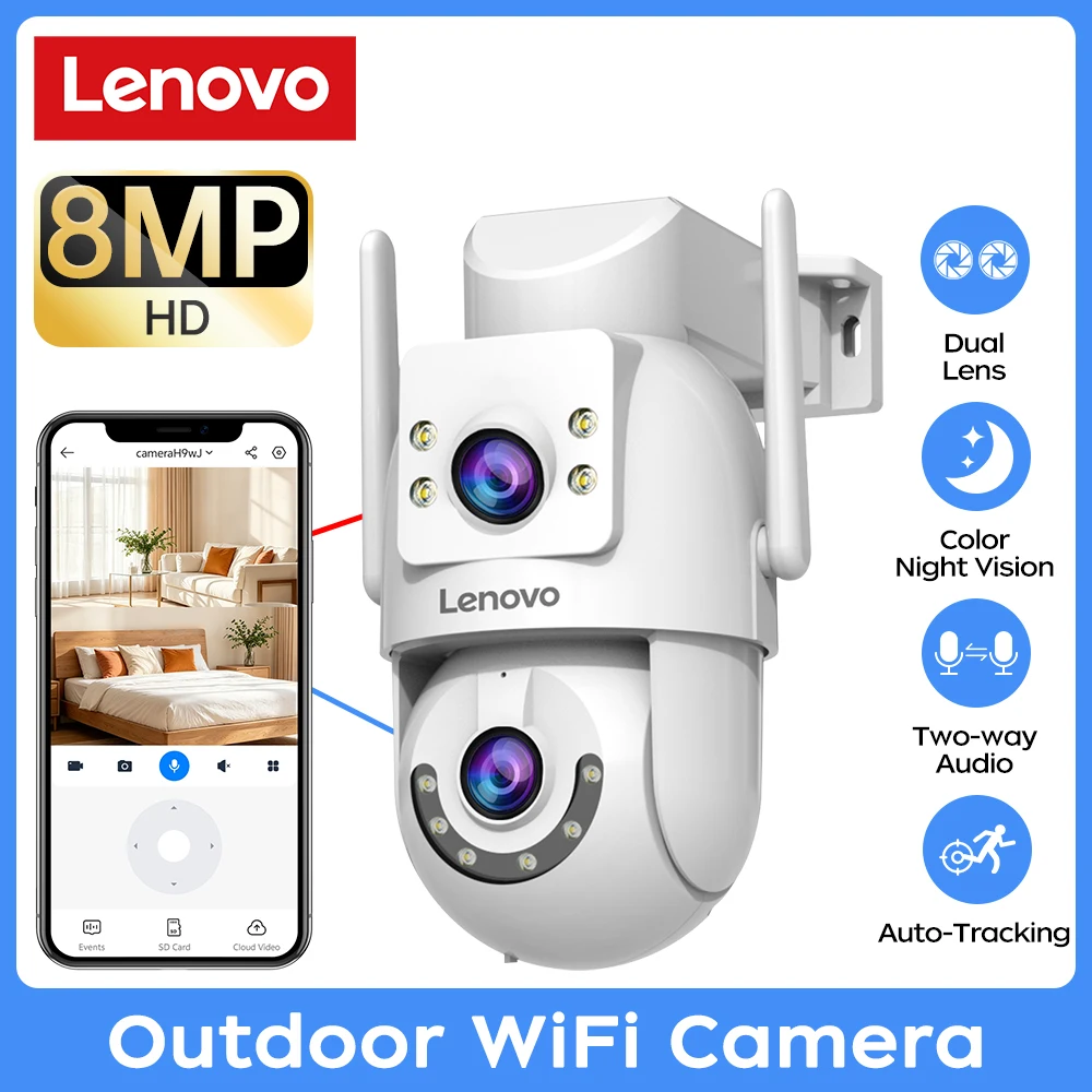 레노버 8MP 실외 감시 카메라 5G 와이파이 듀얼 렌즈 PTZ IP 카메라 자동 추적 오디오 ONVIF 홈 보안 CCTV 카메라