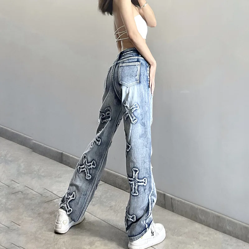Patchwork Women\'s Jeans Y2K Streetwear Baggy Straight Cargo Pants Punk High Waist Wide Leg Denim Trousers 90s Vintage