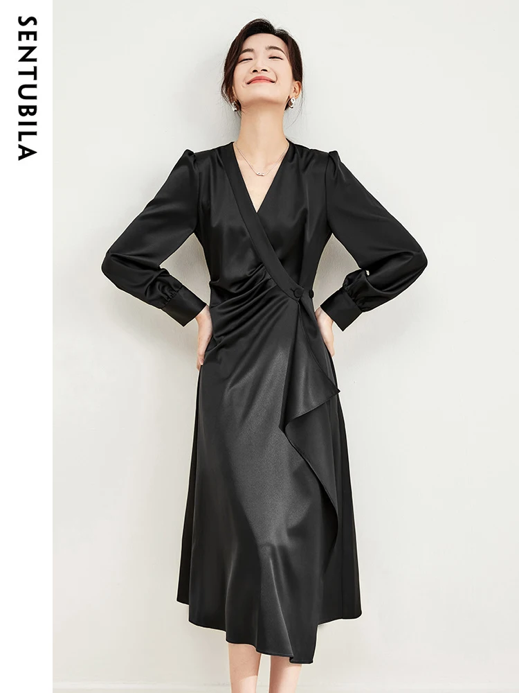 sentubila-women's-elegant-black-satin-dresses-2023-sexy-v-neck-ruched-new-autumn-long-sleeve-female-midi-party-dress-133l50943