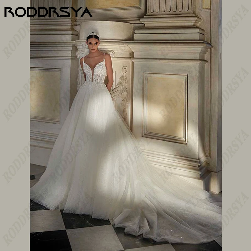 

RODDRSYA Princess Spaghetti Straps Wedding Dress For Women V-Neck Sleeveless Backless Robe De Mariée Tulle A-Line Bride Party