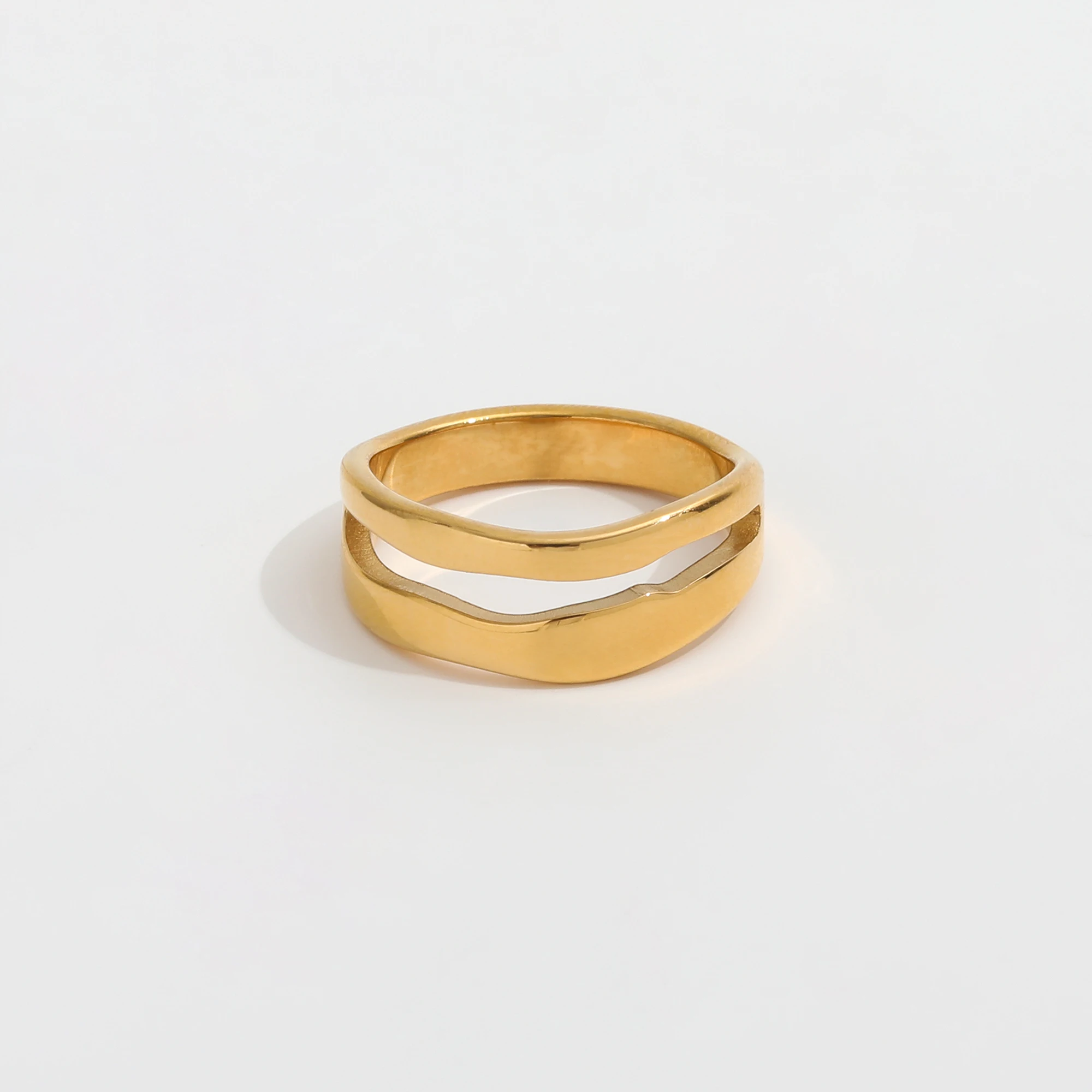 Joolim High End PVD Wholesale Tarnish Free Artistic Irregular Fake Double Layer Cuff Stainless Steel Ring Trend For Women