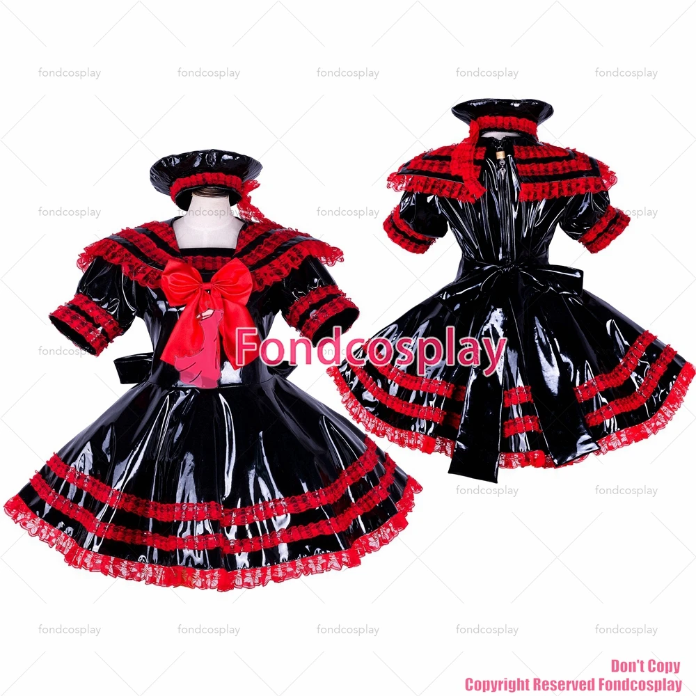 Fondcosplay Adult Sexy Cross Dressing Sissy Maid Short Lockable Black Heavy Pvc Dress Uniform