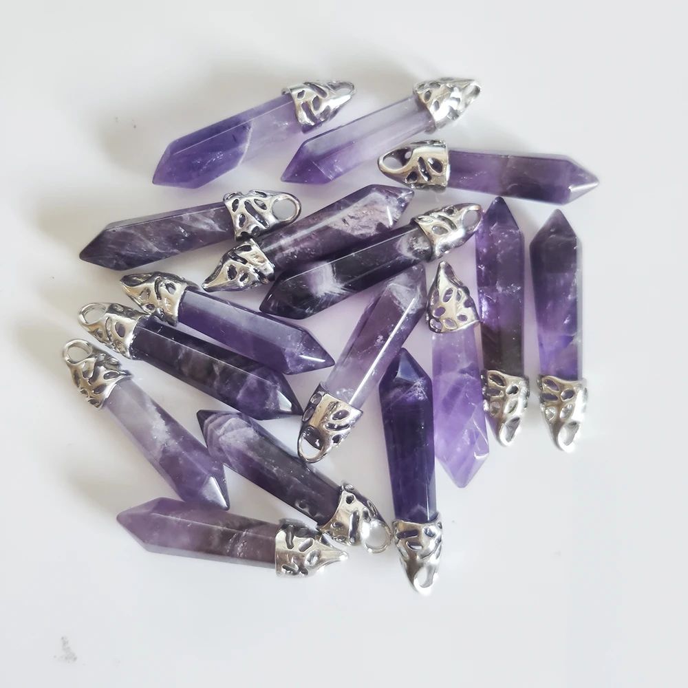 

20pcs Natural Amethysts Lapis Lazuli tiger Eye Stone Pillar Charms Pendants Quartz Crystal Charms Diy Necklace Earrings