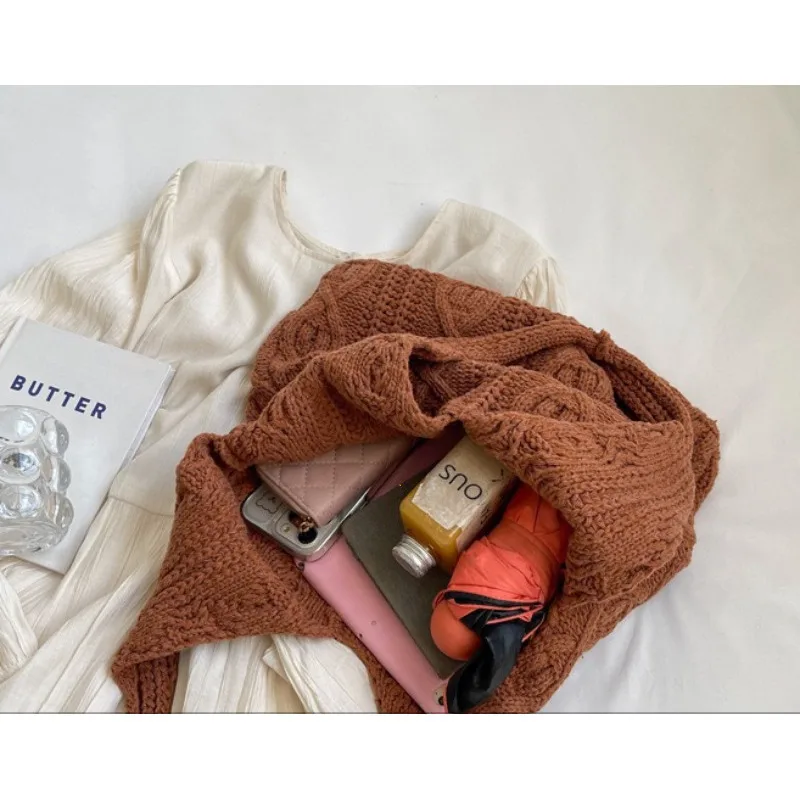 Women's Wool Knitted Handbags Vintage Cotton Shopping Bags Women's Large Handbags CroChet Shoulder bag 2024 new