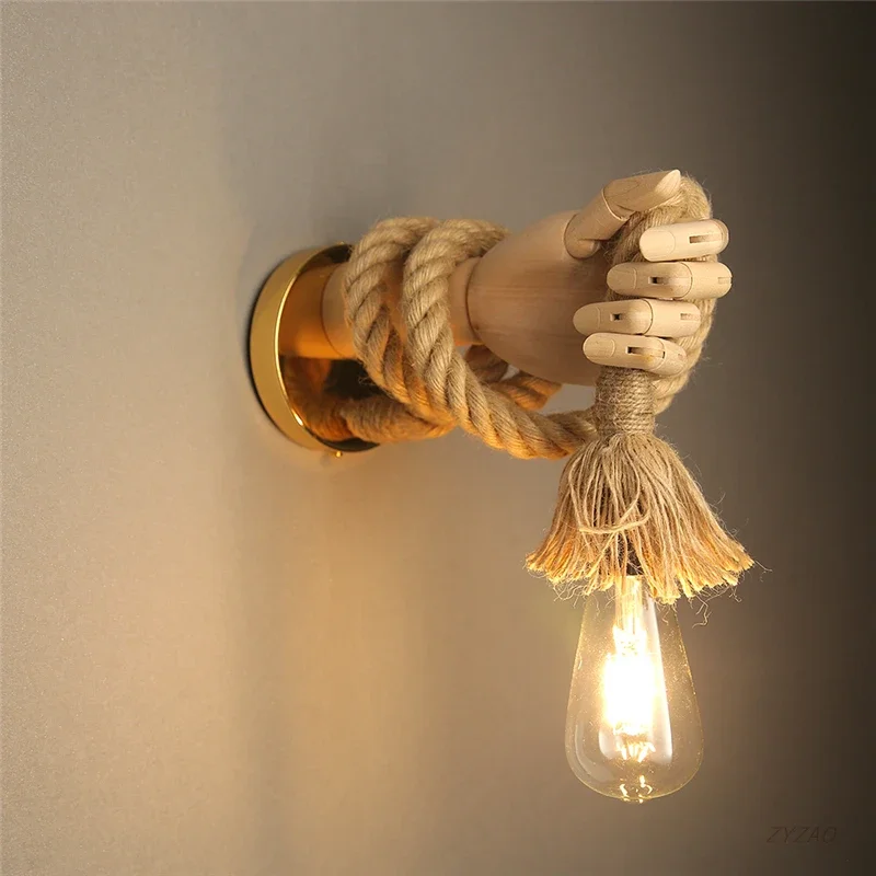 

Retro Industrial Loft Hemp Rope Wall Lamps Creative Hand Shape Wall Light Corridor Aisle Bar Restaurant LED Wall Decoration Lamp