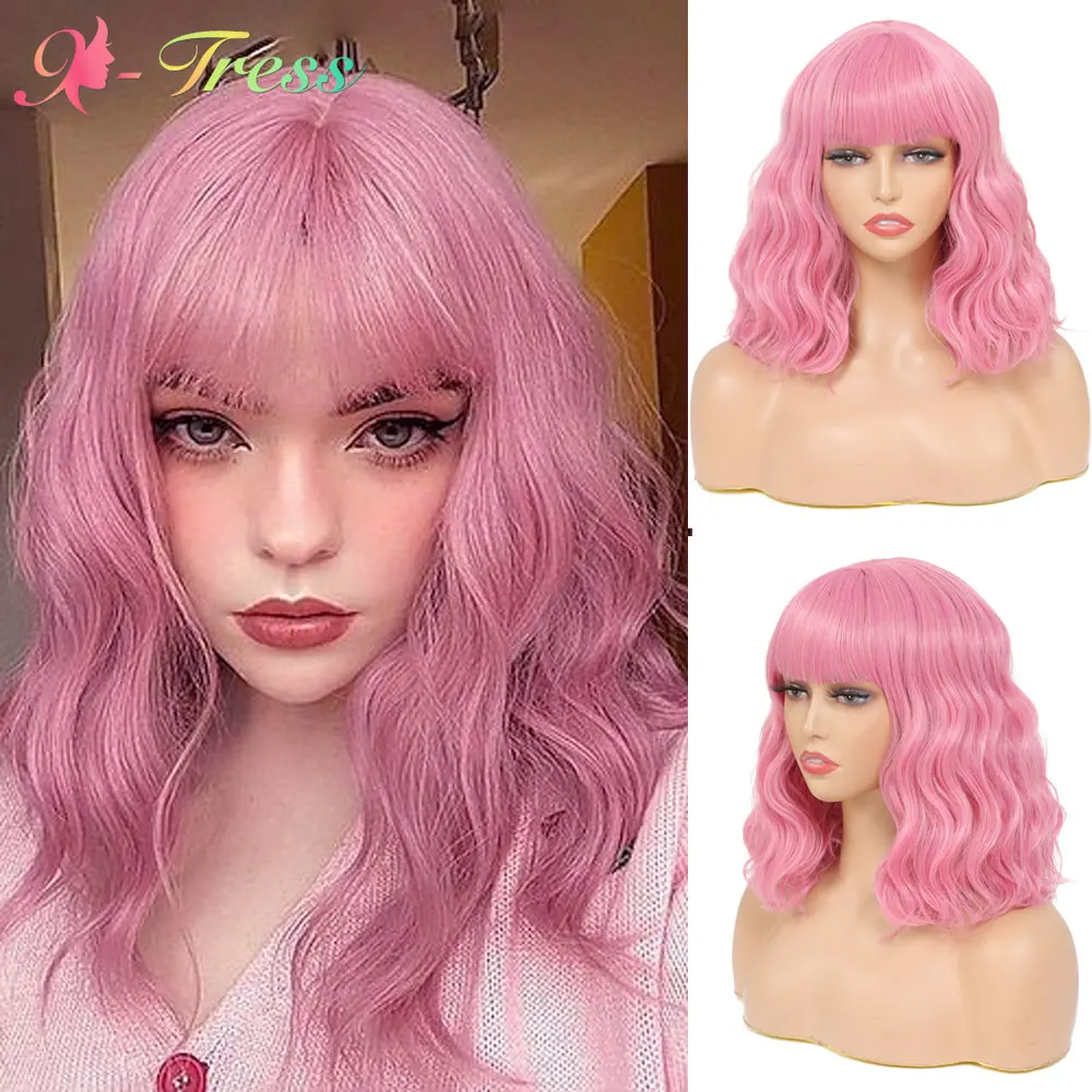 

X-TRESS Pink Wig With Bangs 14 Inch Short Wavy Synthetic Wig For Women Colorful Party Cosplay Lolita Wig Heat Resistant Fiber