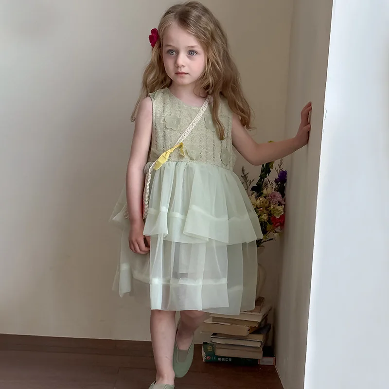 Summer Baby Girl Mint Green Layered Tulle Princess Dress Lace Bodice Birthday Outfit Summer Toddler Party Gown Vest Dress