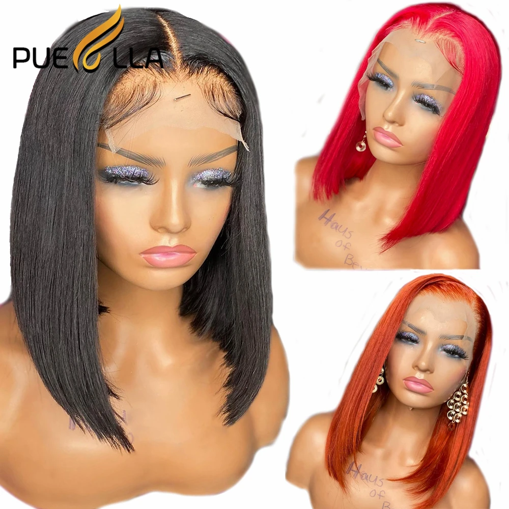 

Red Colored Bob Short Brazilian Human Hair Lace Frontal Wig Straight Ginger Orange Pixie Cut Lace Front Wig Black Wigs For Women