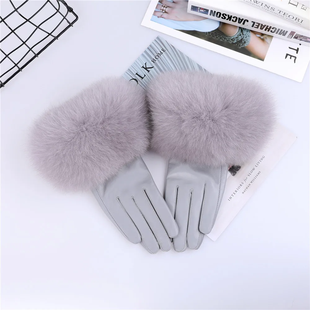 Sheepskin Natural Fox Fur Trimming Gloves Women's Genuine Leather Wrist Warmer Glove Winter Warm Fashion  Mittens Fleece Lining