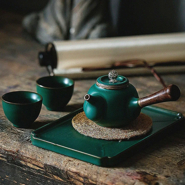 Japanese-style coarse pottery side handle pot antique wooden handle teapot kung fu tea set household teapot lettering retro