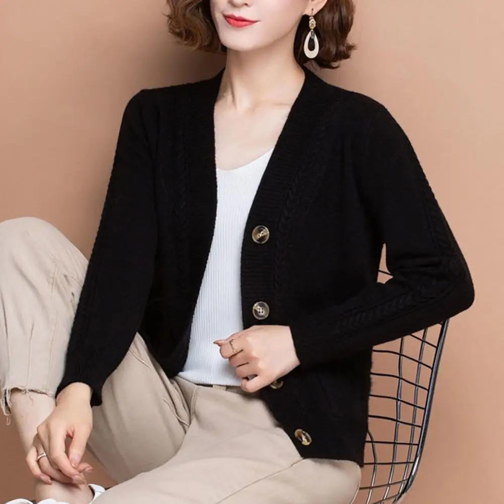 

Ultra Soft Women Cardigan Chic Middle-age Women's Knitted Cardigans V-neck Button Closure Solid Color Long Sleeves for Spring