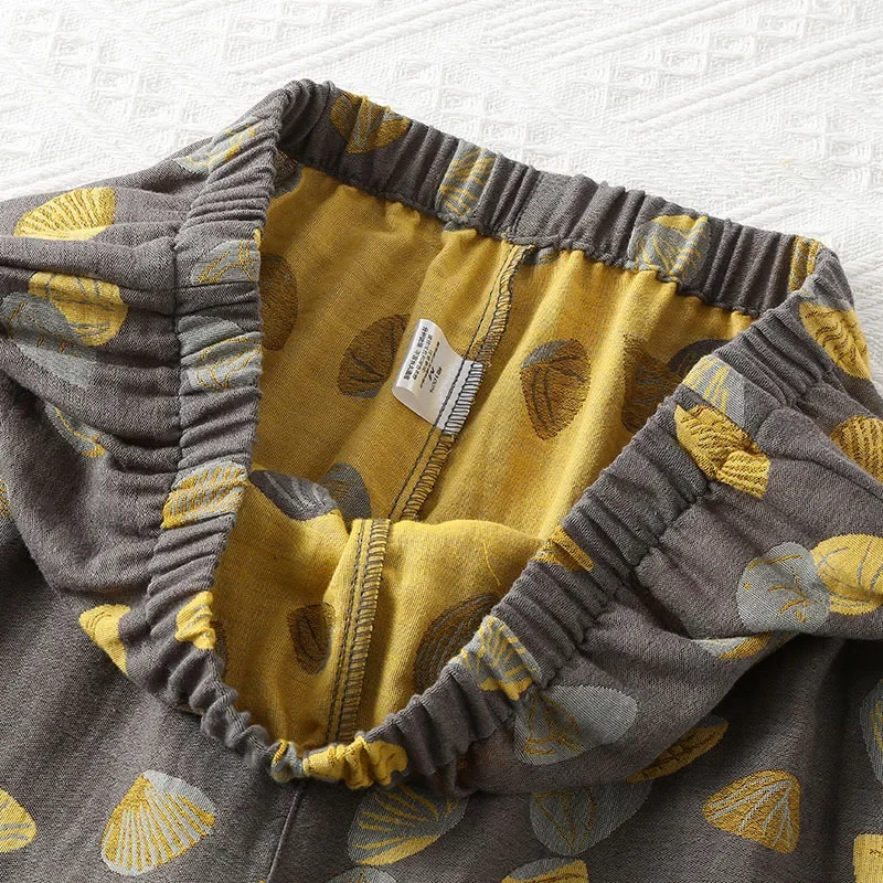 Cotton Double-layer Gauze Men's Long Sleeved Long Pants Spring and Autumn Homewear Leaves Printing 2 Pcs Pijama Hombre