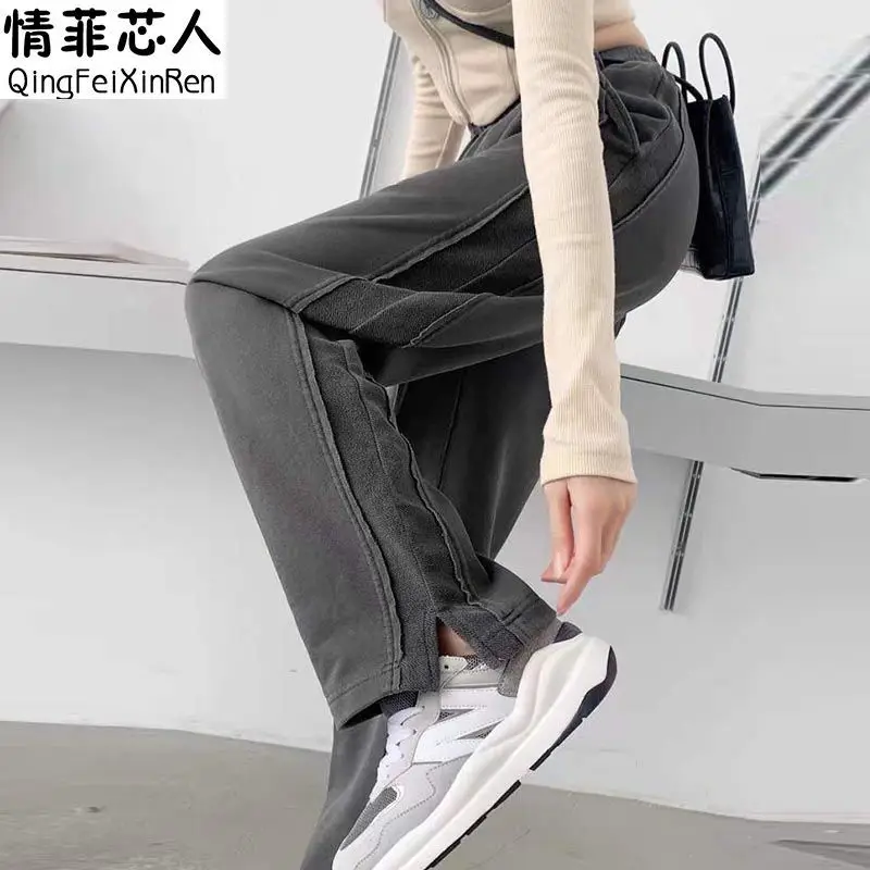 

New Arrival Spring Summer Women High Waist Full Length Pants Casual Loose Cotton Patchwork Elastic Waist Straight Pants P398