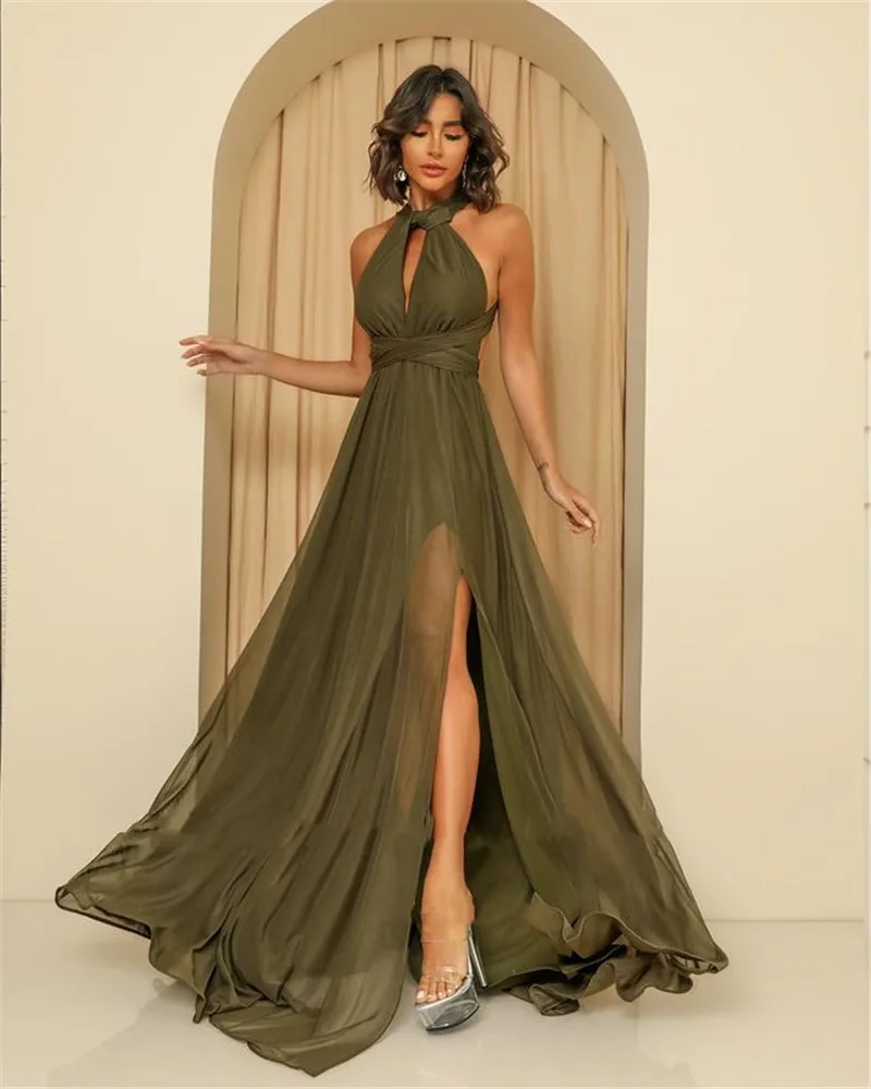 

2022 Green Chiffon Long Prom Dresses Jewel Neck Side Slit Simple Evening Gowns Women Formal Party Dress Vestidos De Fiesta Robe