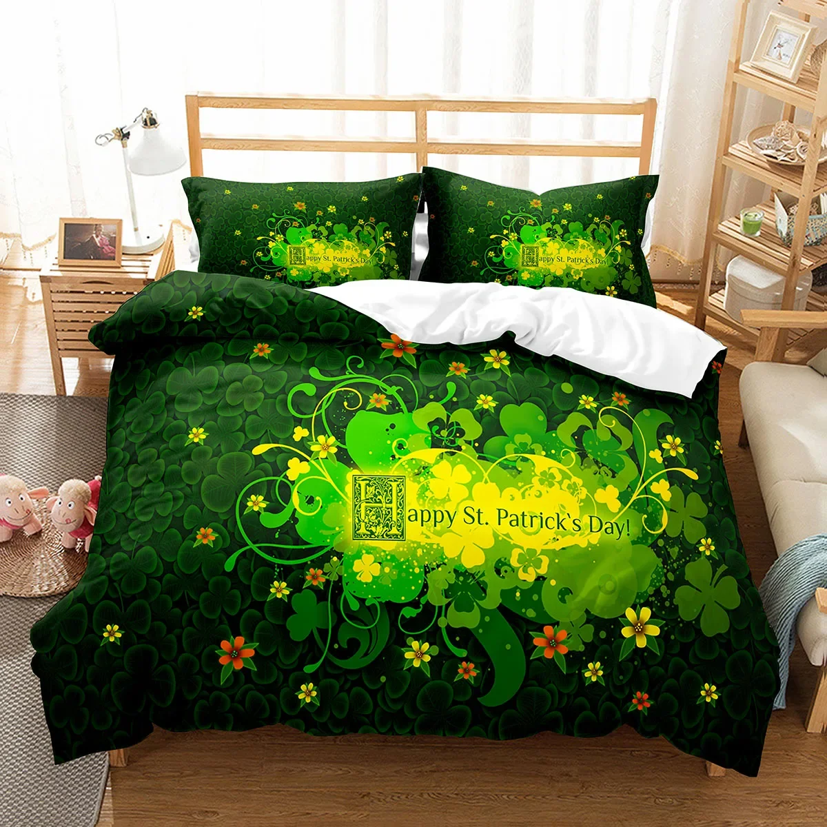 Happy St Patrick'S Day Set Copripiumino Plant Clover Set Biancheria Da Letto Green Lucky Leaf Copripiumino Foglie Botaniche Copriletto