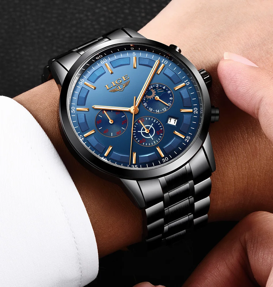 LIGE Men Watches Steel Wristwatch Sport Waterproof Chronograph Analog Quartz Watch Man Business Date Clock Luxury Watch for Men