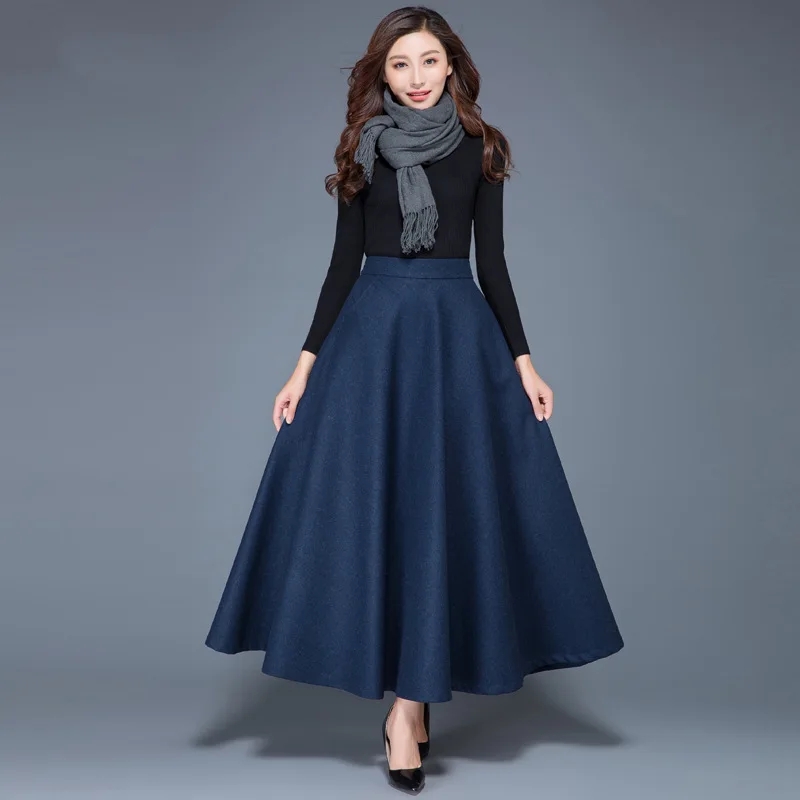 

Autumn and Winter Woolen Half Skirt with Large Hem A-line Skirt, High Waisted Mid Length Women's Long Skirt with Large Hem Skirt