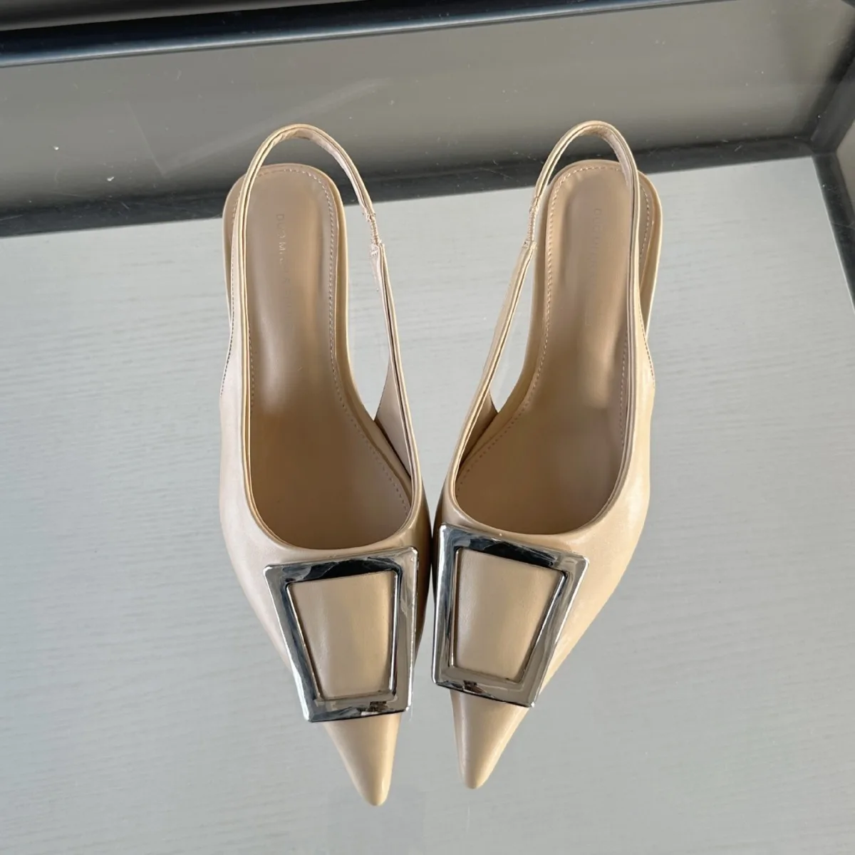 French Baotou Slim Heel Sandals Summer Metal Buckle Style Celebrity Pointed Low Heel Shoes Half Slippery Single Shoes for Women