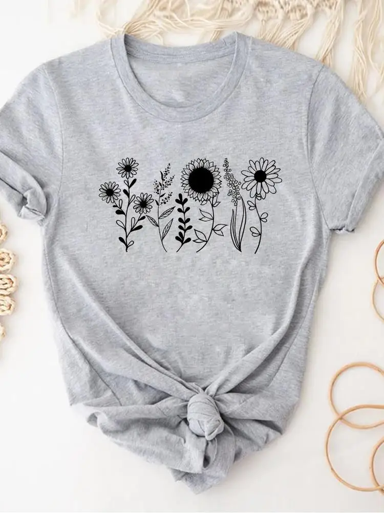 Women Clothing Print Gray T Shirt Short Sleeve Summer Top Plant Flower Trend Fashion Clothes Basic Tee Graphic T-shirt