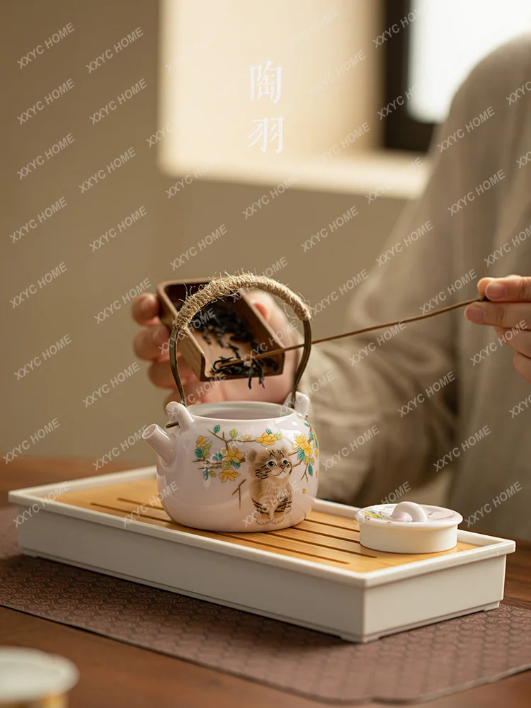 

Ru Ware Cat Loop-Handled Teapot Gracked Glaze Supportable Teapot Personal Tea Cup