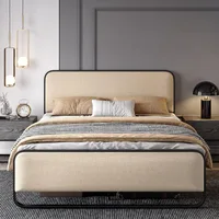 Queen Size Platform Metal Bed Frame with Curved Upholstered Headboard and Footboard, Large Under Bed Storage, No Box 1