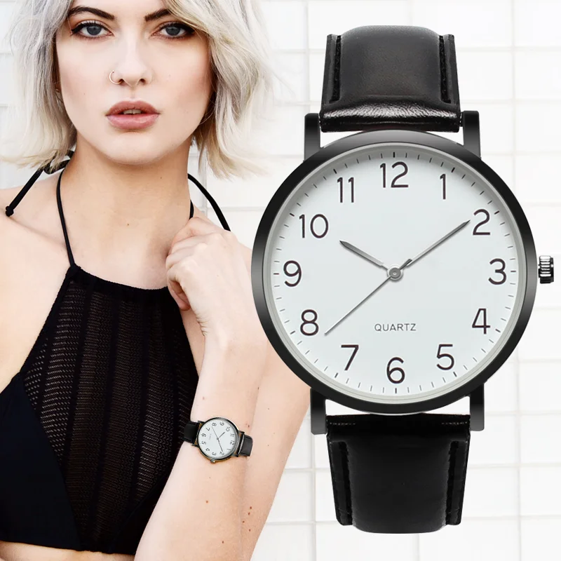 

Fashion Women's Watch Arabic Number Unisex Strap Minimal Round Dial Classic Black Leather Strap Ladise Watches Wrist Watch
