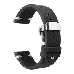 Luxury Suede Leather Watch Strap with Butterfly Buckle - Vintage - Style Wristband Accessory - 22mm (Black - White)