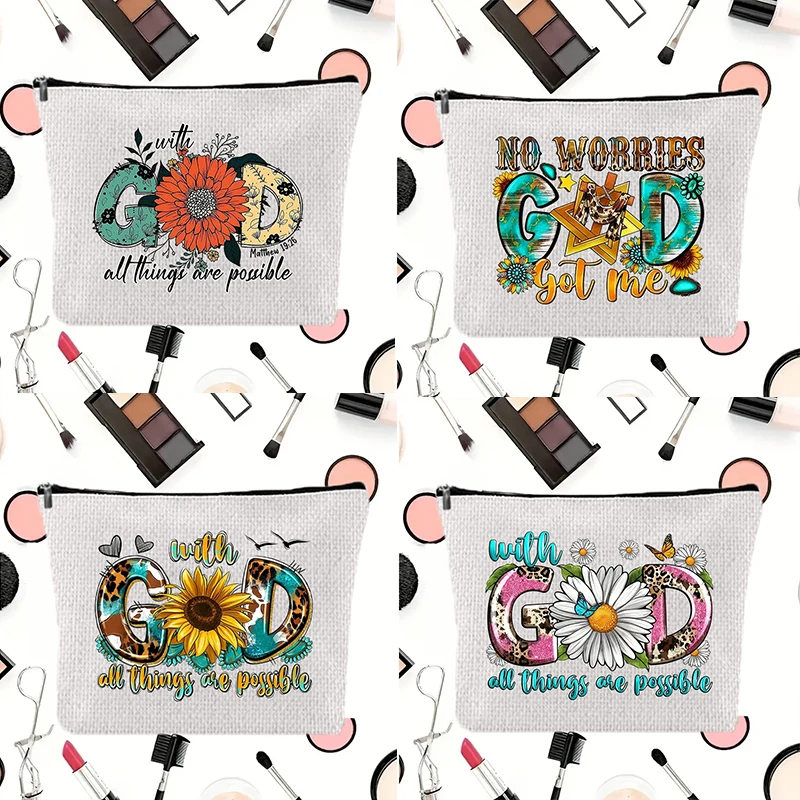GOD series printing Linen Makeup Bag Women's Handbag Large Capacity Storage Bag Organizer Bag with Zipper Wash Bag