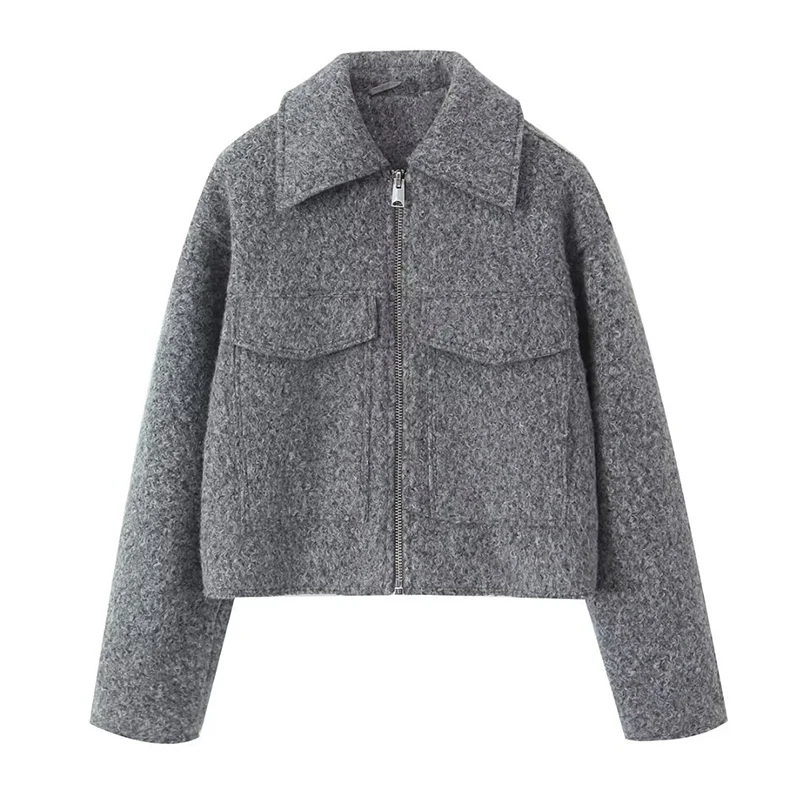 

Autumn Winter Women Gray Pockets Short Woolen Jacket Coat