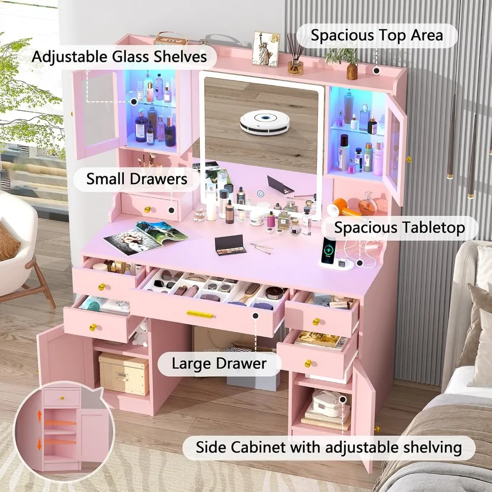 Vanity Desk, 41.3" Makeup Vanity Table with Power Outlet and Lots Storage, 6 Drawers and Storage Shelves, Dressing Table, Pink 4