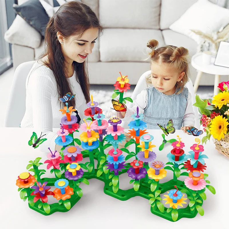 76/148/222pcs Creative Dream Garden Series Flowers Interconnecting Blocks Building Educational Handwork Toys For Kids Girls DIY