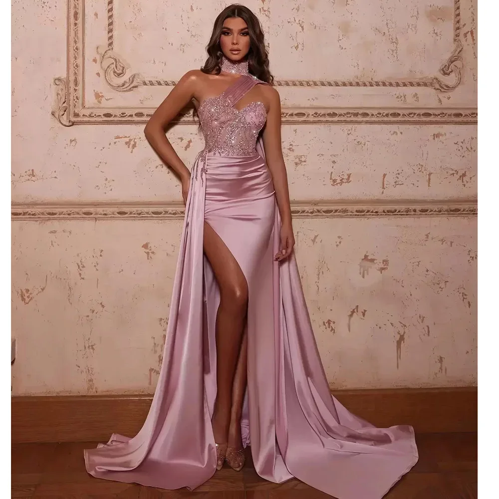 Evening Dresses for Women High Side Slit Satin Halter Sleeveless Mermaid  Sequined Sweep Train Luxury Formal Banquet Prom Gowns