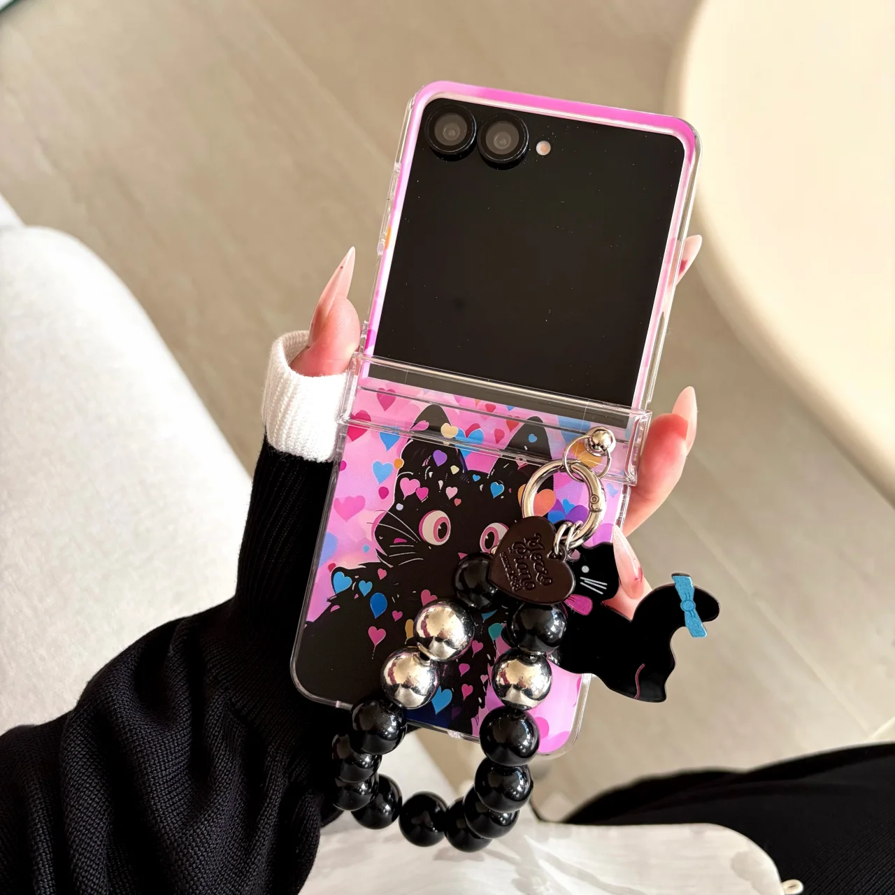 Colorful Love Heart Black Cat Folding Phone Case with Wrist Strap