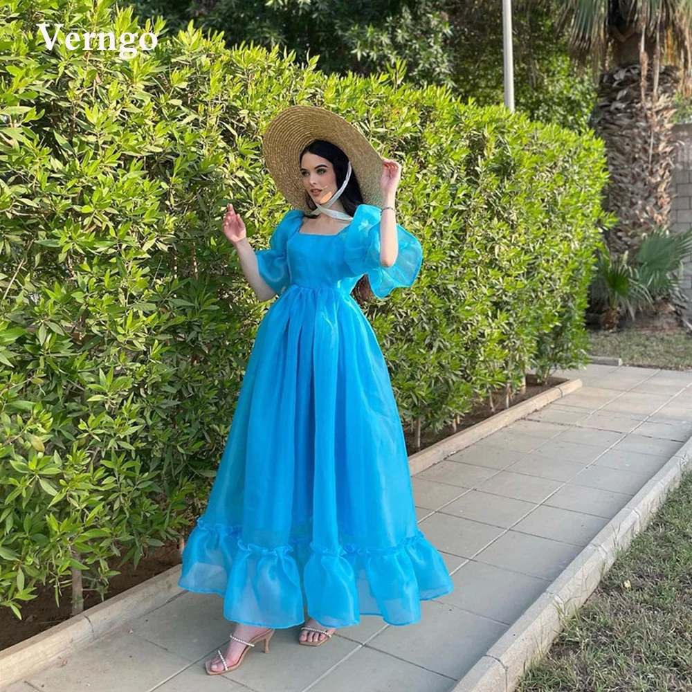 

Verngo Vintage Baby Blue Organza Evening Party Dresses Half Puff Sleeves Square Neck Ankle Length Prom Gowns Women Formal Dress