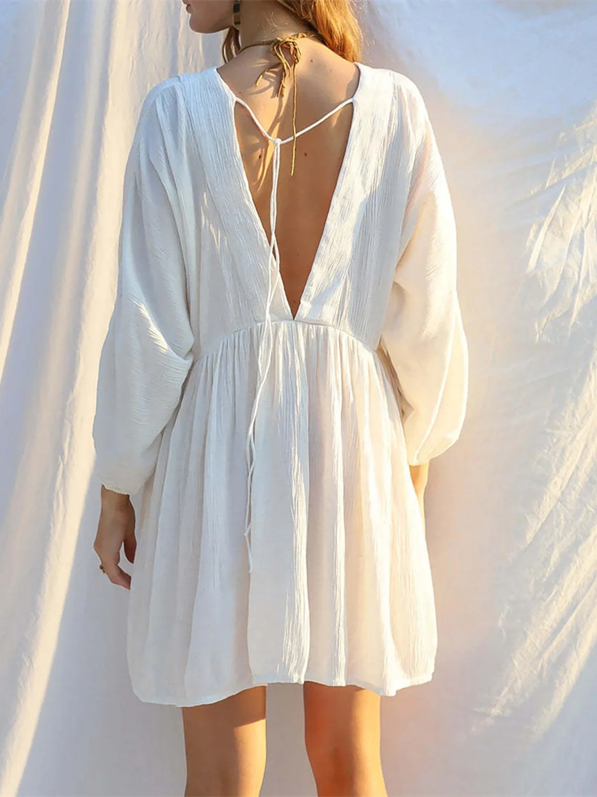 New Sexy Long Sleeve V Neck Backless Cotton Tunic Beach Cover Up Cover-ups Beach Dress Beach Wear Beachwear Female Women K5032 4