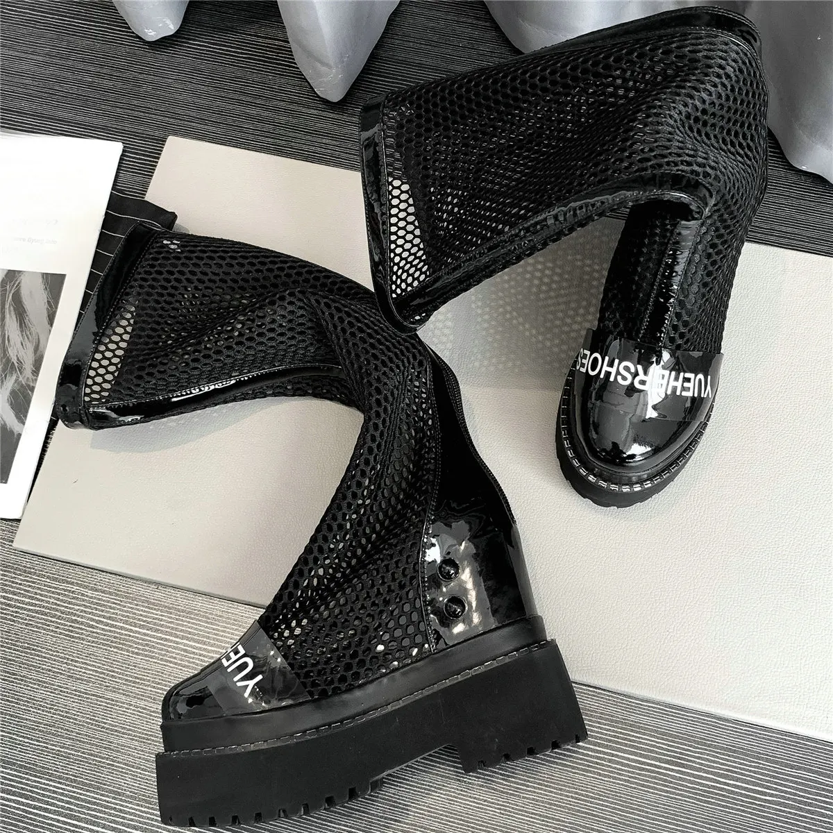 Chunky Platform Pumps Women Genuine Leather High Heel Gladiator Sandals Female Hollow Round Toe Knee High Boots Casual Shoes