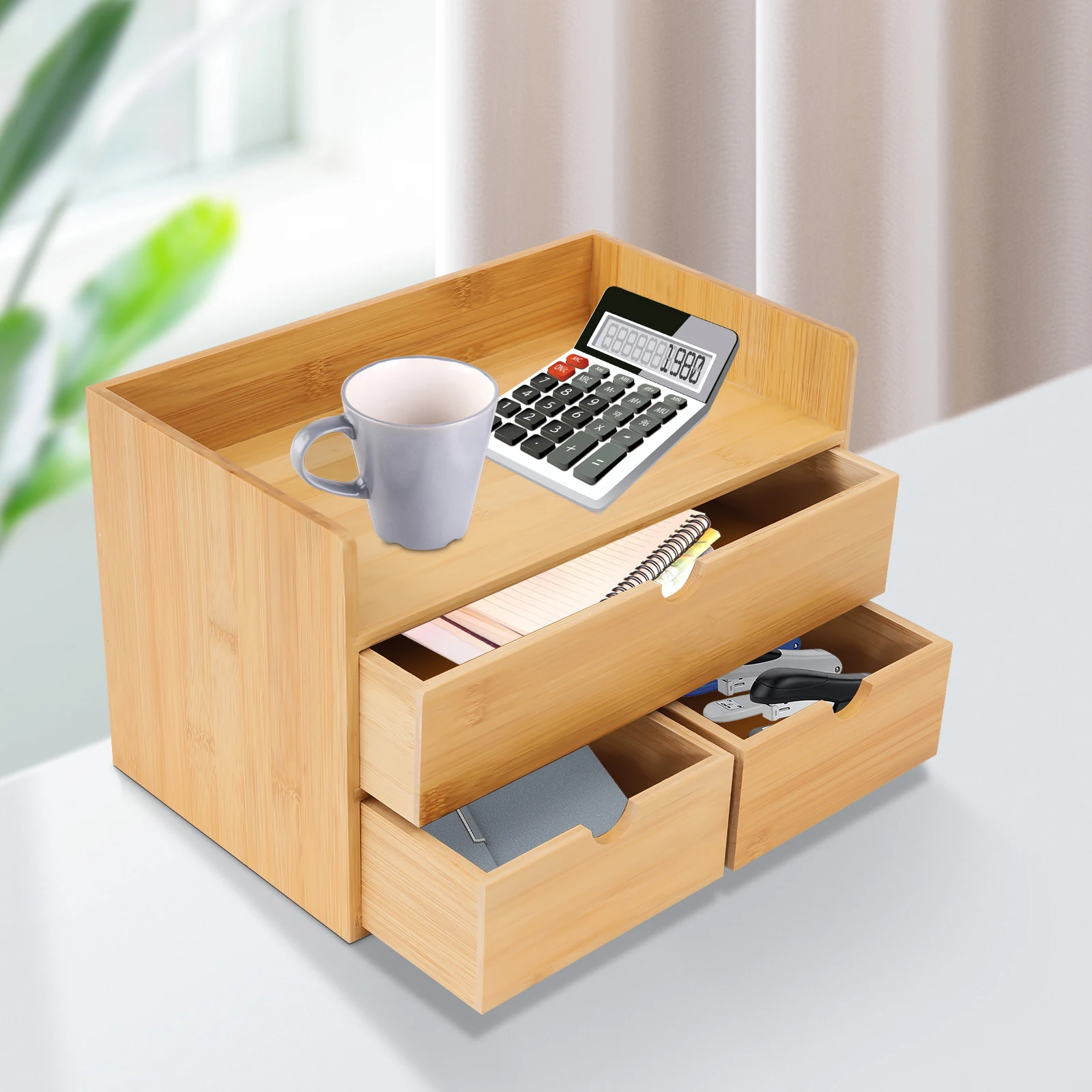 Desk Organizer Mini Bamboo Desk Organizer Drawer Desktop Storage Organizer for Office Home Toiletries, No Assembly Required 4