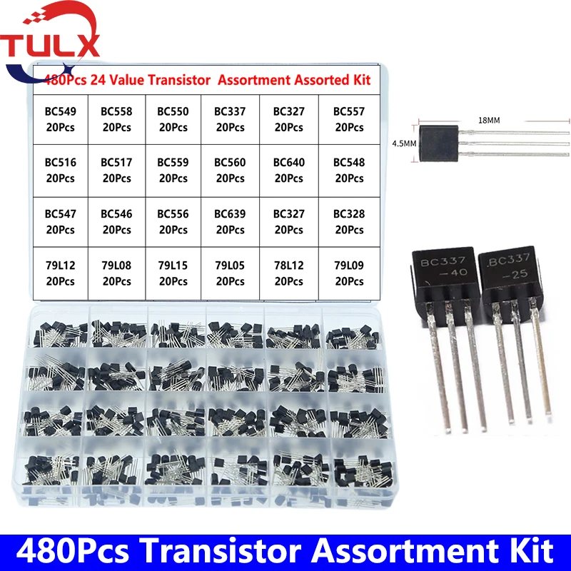 

480Pcs/Box Transistor Assortment Assorted Kit 24 Value BC549 BC550 BC337 BC327 BC557 BC516 BC517 BC559 BC560 BC640 BC548-79L12