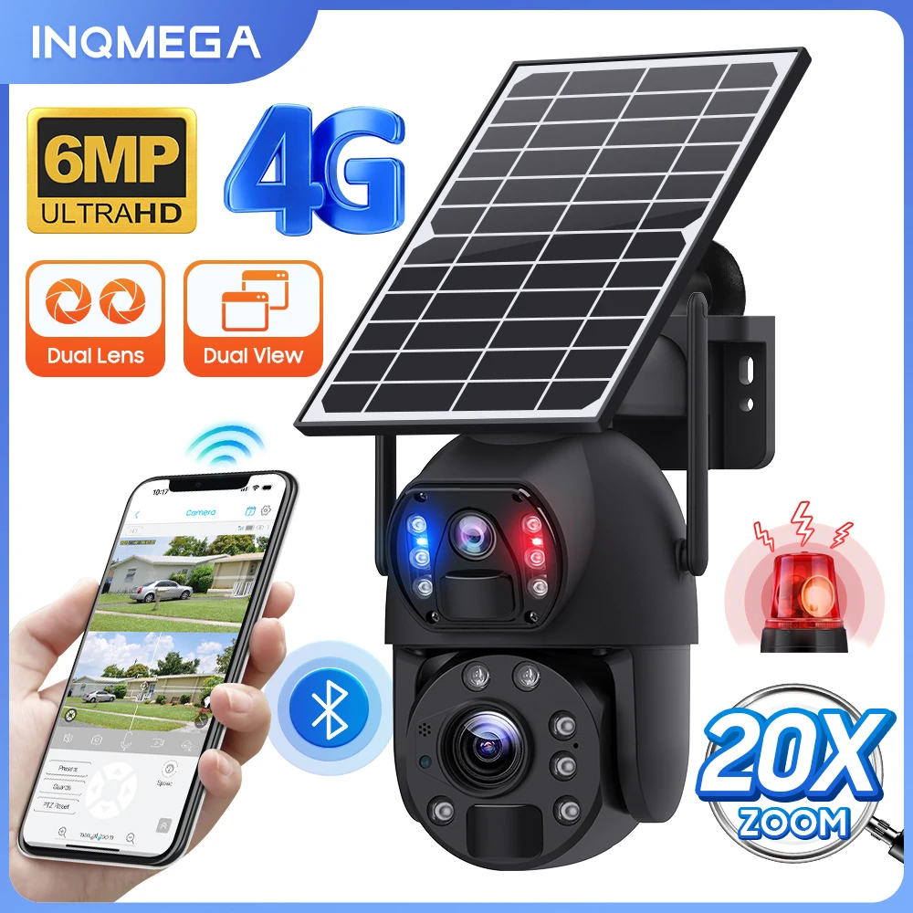 

INQMEGA 6MP 4G SIM Solar Battery Camera 20X ZOOM WIFI Security Outdoor Dual Lens Recording Humanoid Tracking Color Night Vision