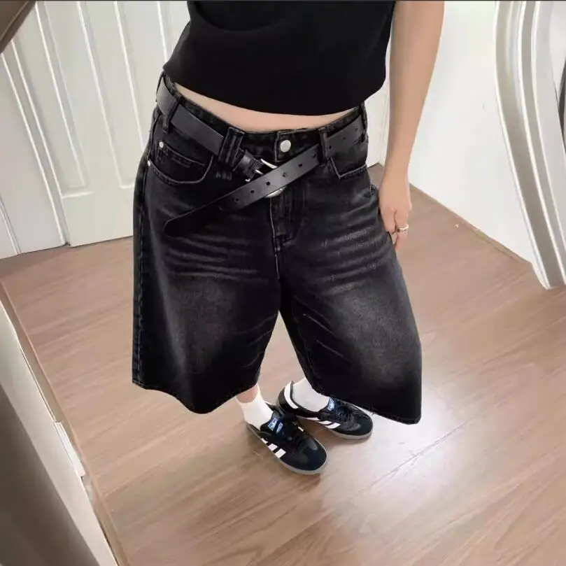 

Женские джинсовые шорты в стиле ретро, черные мешковатые джинсы с эффектом потертости и широкими штанинами, 2024 Y2k, w964