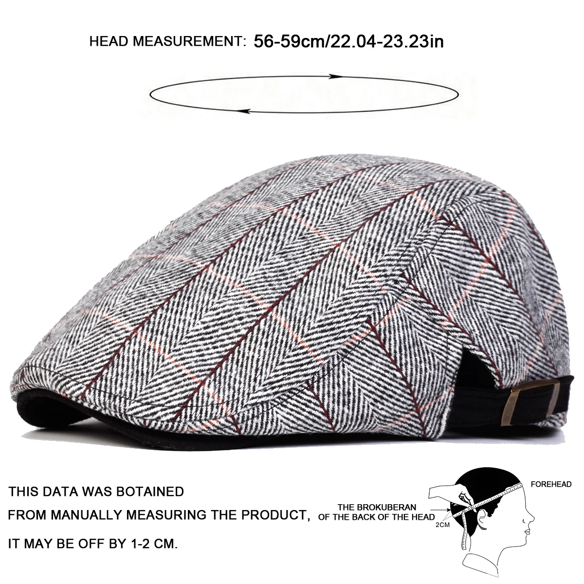 Herren Retro Fischgrätmuster Newsboy Caps Britische Malerhüte Seitlich Verstellbare Flache Mütze Hip-Hop Baskenmützen – Detail 5