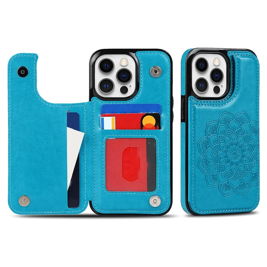 Elegant Datura Double Buckle Leather Wallet Case with Card Slots and Magnetic Flip Closure