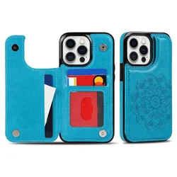Elegant Datura Double Buckle Leather Wallet Case with Card Slots and Magnetic Flip Closure - iPhone 14 (Blue)