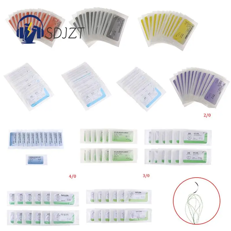 Medical Needle Suture 12Pcs 75cm 2/0 3/0 4/0 Dental Surgical Needle Silk Medical Thread Suture Surgical Practice Kit surgical training kit suture practice kit