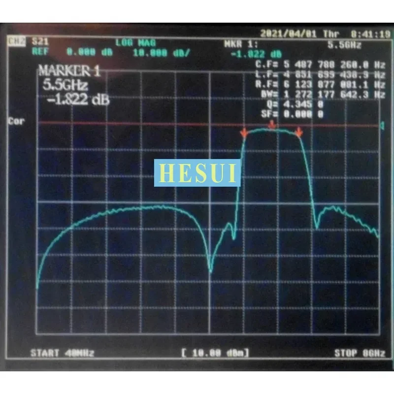 Dimensions du filtre passe-bande 5.8GHz 5500MHz, boîtier rectangulaire avec étiquette.