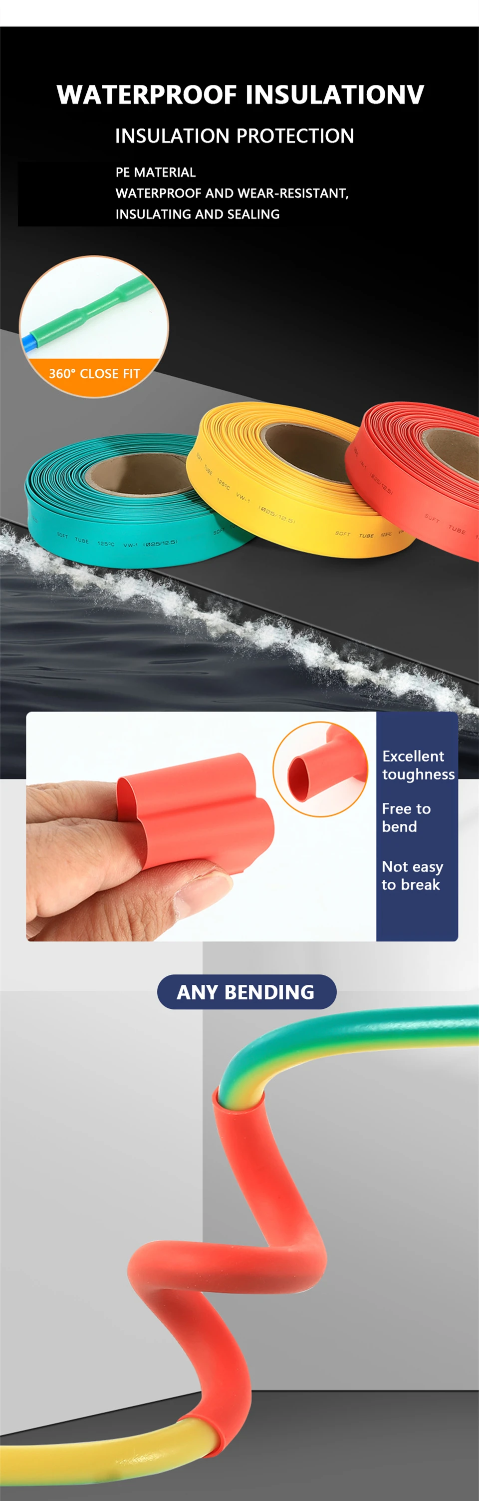 Description Picture 3 of item5M/10M Heat-shrink Tubing Heat shrink tube Wire Repair Protector Cable Connector Insulation Sleeving Black Red Termoretractil