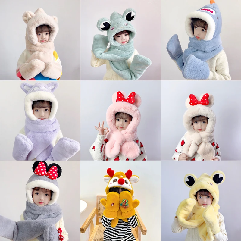 

2022 Winter Warm Child Hat Baby Girl Boys Scarf New Born Cute Cartoon Plush Hat Gloves Kids Soft Caps Set Gorro Bebe Inverno